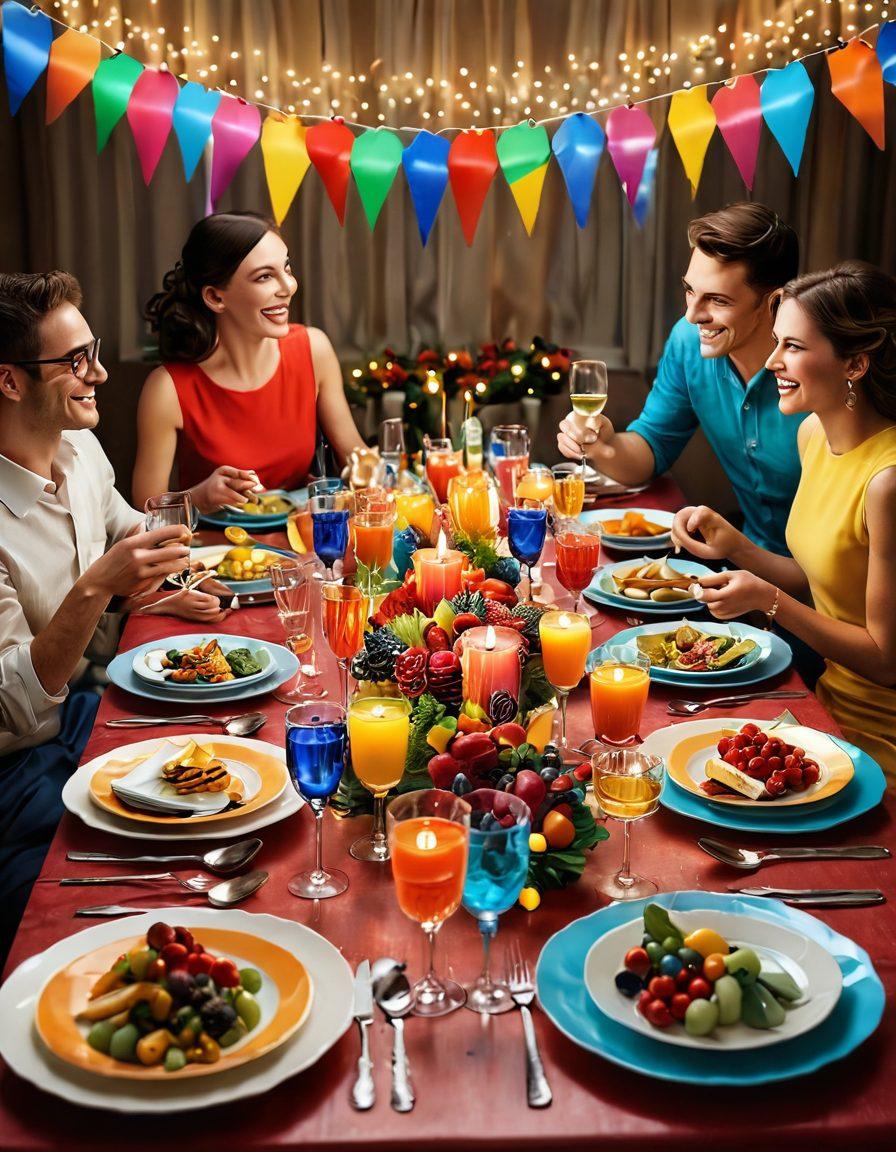 A vibrant table setting filled with an assortment of colorful dishes and drinks celebrating a joyful gathering. Include party decorations, laughter, and a toast being made with sparkling glasses. A warm, inviting atmosphere with festive lights in the background, showcasing the essence of merriment and flavor. super-realistic. vibrant colors. 3D.