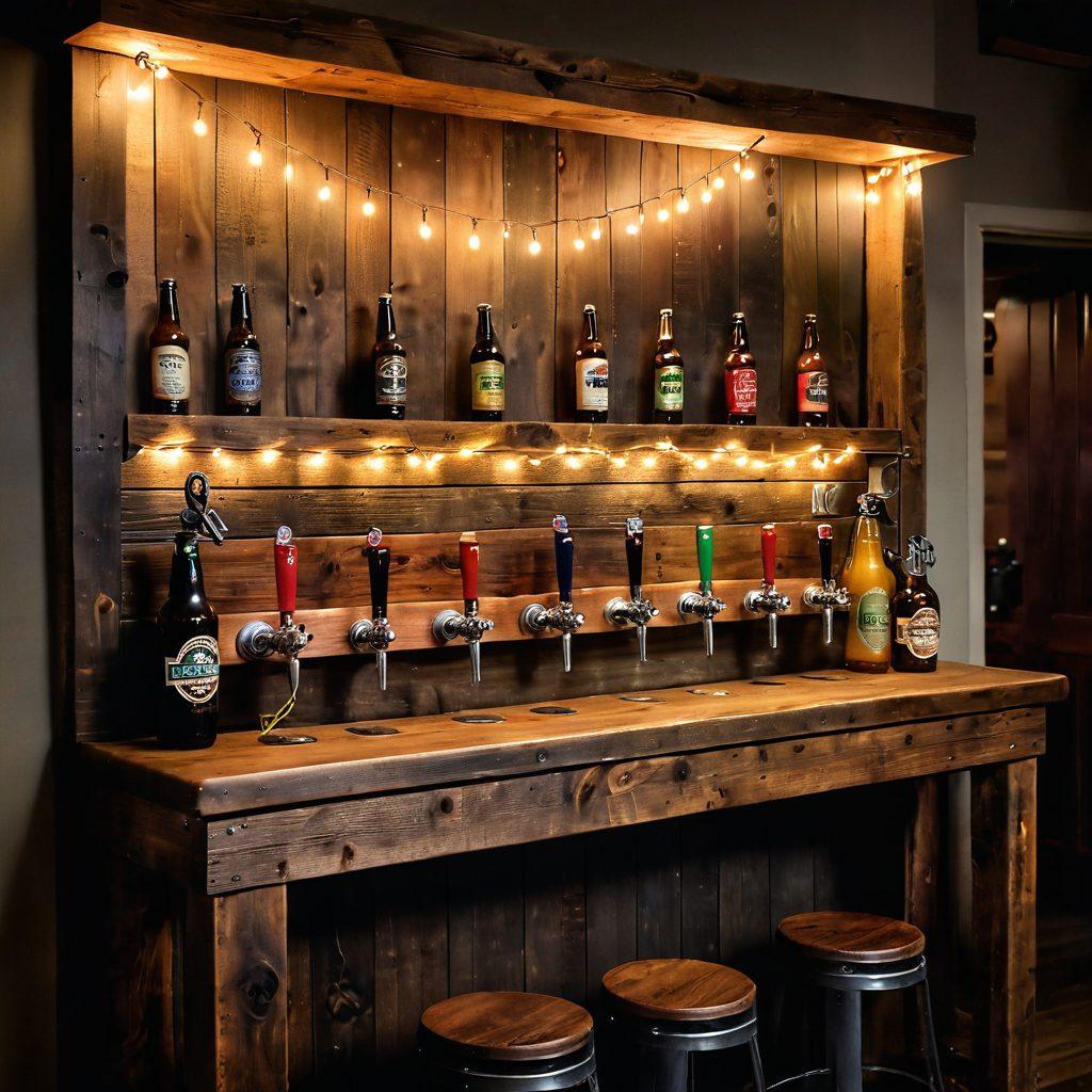 An inviting, rustic bar setting showcasing a variety of craft beer taps, with an assortment of colorful microbrew bottles on a wooden shelf. A group of friends, with joyful expressions, clinks their glasses filled with frothy beer, surrounded by twinkling fairy lights and warm wood accents. Include hops and barley decorations tastefully integrated, creating a festive atmosphere. super-realistic. vibrant colors.