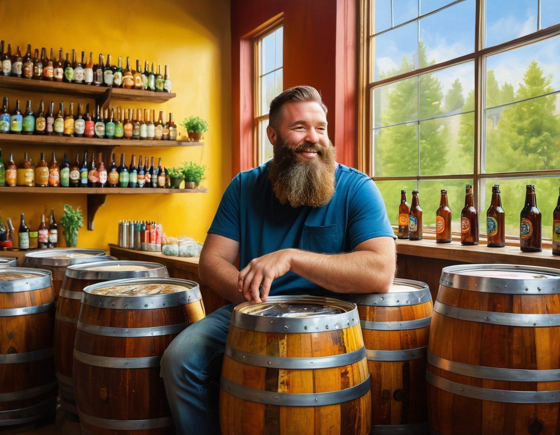 A vibrant brewery scene featuring Todd, a joyful bearded artisan, surrounded by colorful barrels of handcrafted beers. Lively hops and barley plants intertwined with cheerful labels showcasing unique beer flavors. Light streaming in from large windows, creating a warm, inviting atmosphere filled with laughter and creativity. Glimpse of a tasting session with friends enjoying the beers. painting. vibrant colors. rustic style.
